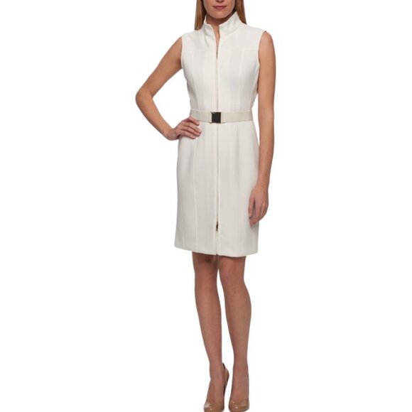 Tommy Hilfiger Ivory Scuba Sheath Dress, NWT $119 Front Zip Belt Women's Size 12 - Picture 1 of 12